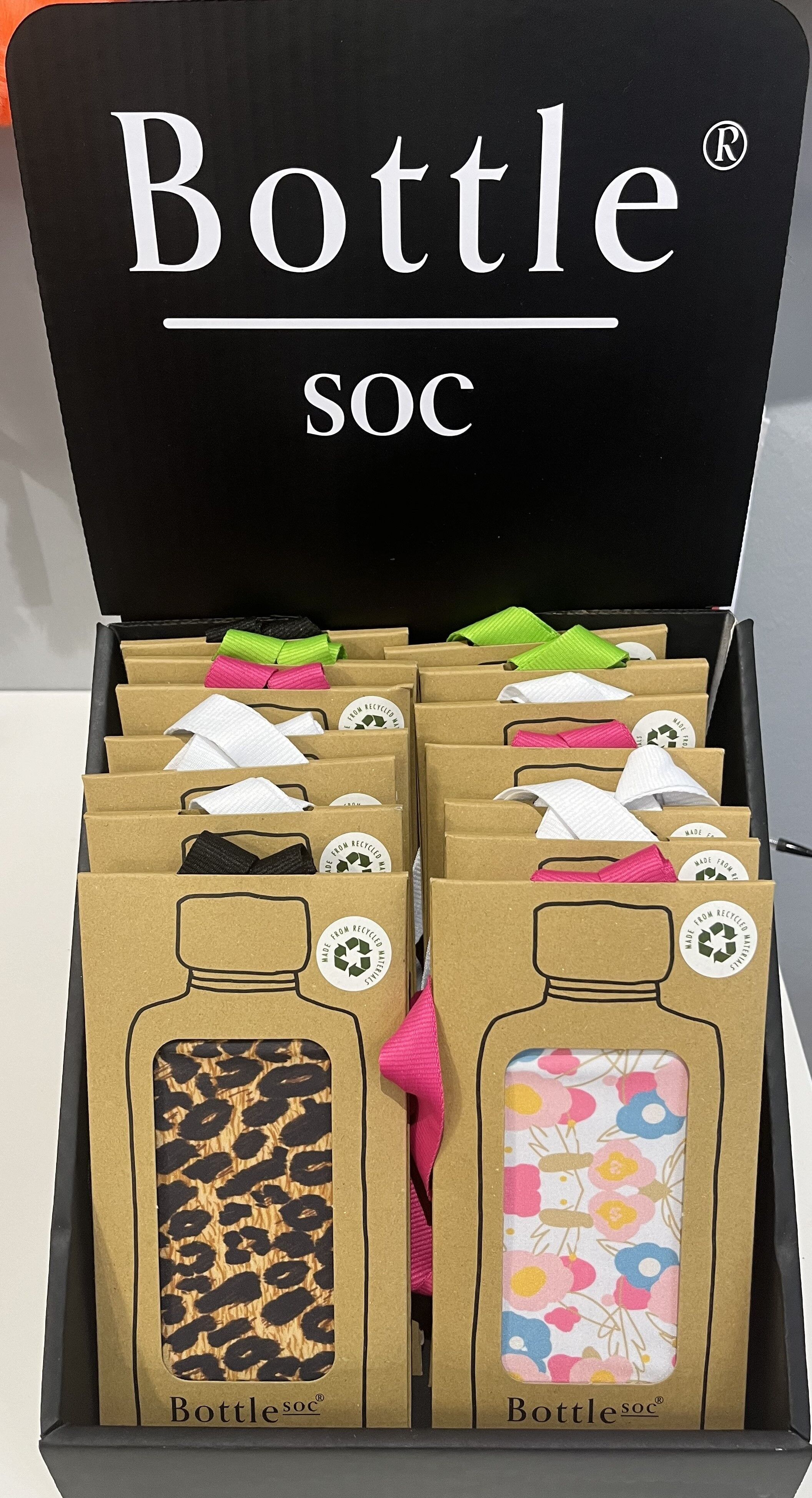 Bottlesoc Counter Top Display with 24 Bottlesoc Water Bottle Sleeves