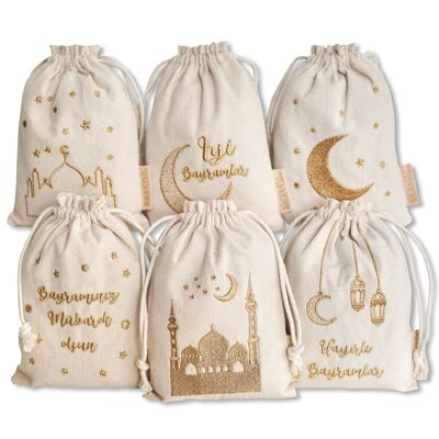 6 bolsas de regalo naturales de Ramadán para el festival del azúcar con escritura turca - set 10