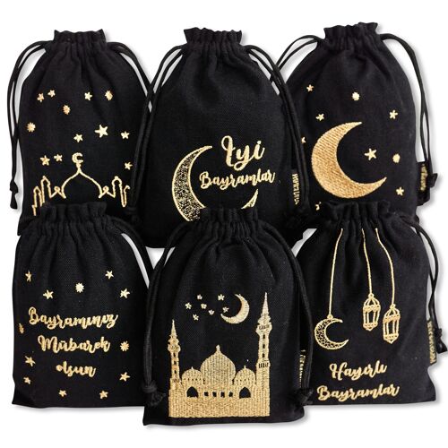 6 Ramadan schwarz Geschenksäckchen für Zuckerfest mit türkischer Schrift - Set 11