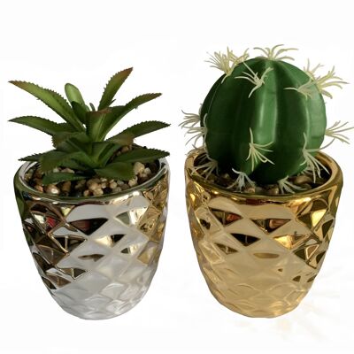 Künstlicher Kaktus Dracaena, 15 cm, Set mit 2 silber-goldenen Keramik-Pflanzgefäßen