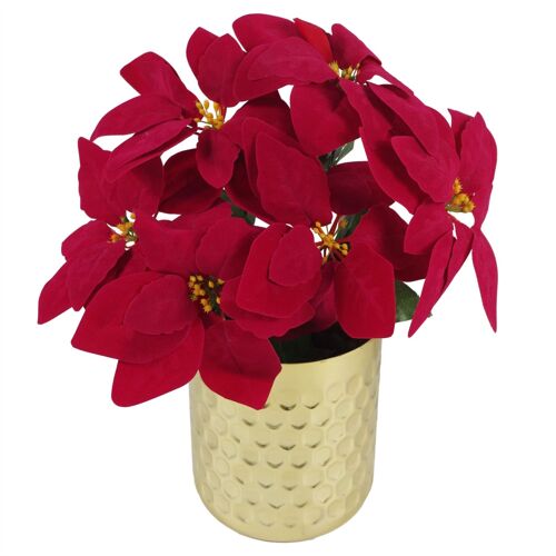 Artificial Christmas Red Poinsettia 40cm Gold Honeycomb Metal Planter