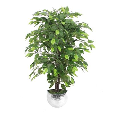 Künstliche Ficus-Baumpflanze, grüner, buschiger Ficus, 90 cm, silberner Übertopf