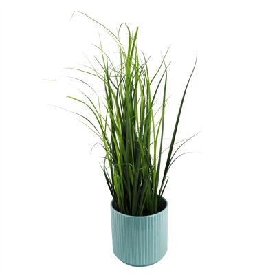 Plante de gazon artificiel, jardinière en céramique bleue, 60cm, 2 pieds