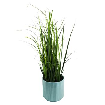 Plante de gazon artificiel, jardinière en céramique bleue, 60cm, 2 pieds 1