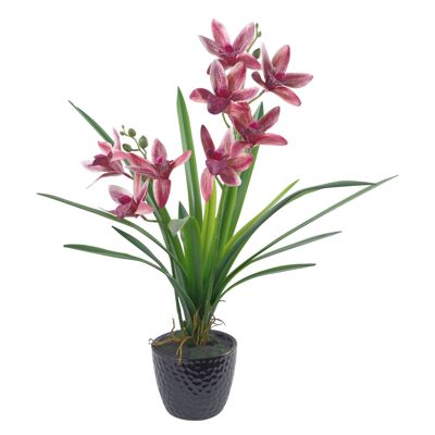 Künstlicher Orchideen-Übertopf aus schwarzer Keramik, dunkelrosa, 50 cm