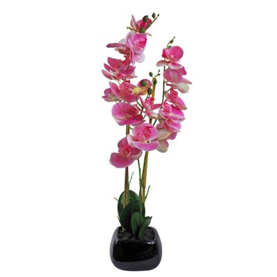 Künstliche Orchideen-Blumenpflanze, 70 cm, rosa-schwarzer Keramik-Übertopf