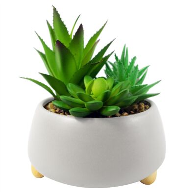 Plante Artificielle Jardinière En Céramique Trois Plantes Succulentes Blanc 12cm