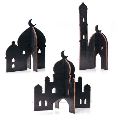 3 maisons en bois décoration Ramadan - noir
