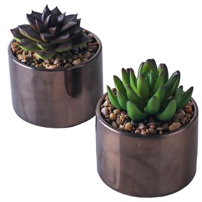 Mini fioriere in ceramica color bronzo Piante succulente artificiali 13 cm Set due