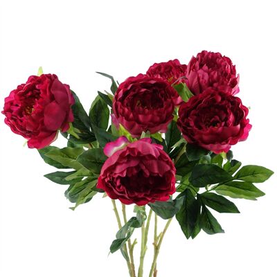 Paquete de 6 flores artificiales con tallo de peonía rosa oscuro, 80 cm