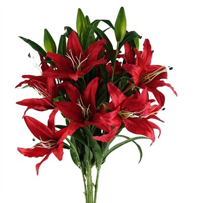 Packung mit 6 x künstlichen Blumen, großer roter Lilienstiel – 3 Blumen 100 cm