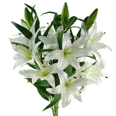 Packung mit 6 x künstlichen Blumen, großer weißer Lilienstiel – 3 Blumen 100 cm