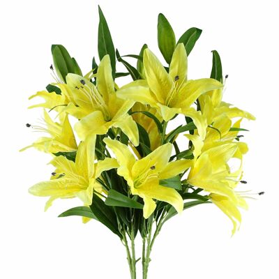 Packung mit 6 x künstlichen Blumen, großer gelber Lilienstiel – 3 Blumen 100 cm