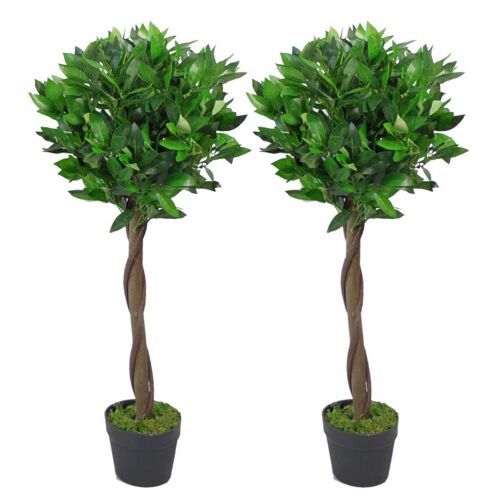 90cm Leaf Design UK Pair of Artificial Bay Topiary Ball Trees Real Wood Trunk