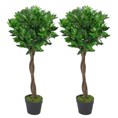 90cm Leaf Design UK Pair of Artificial Bay Topiary Ball Trees Real Wood Trunk