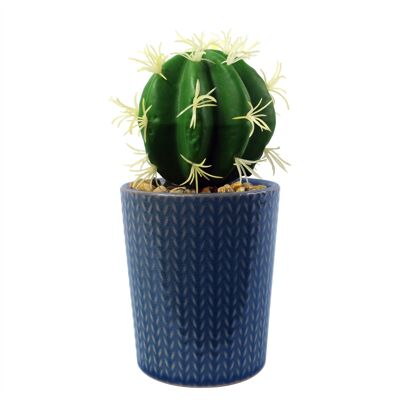 Künstliche Pflanze, Keramik-Übertopf, blauer Übertopf, Kaktus, 17 cm