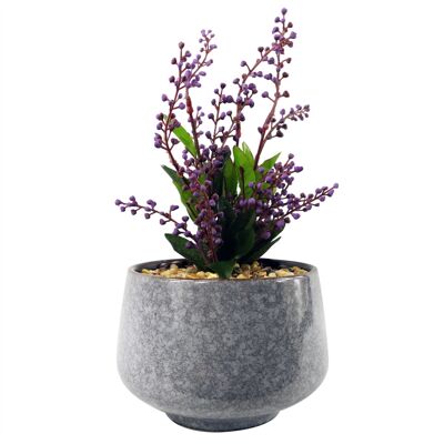 Künstliche Pflanze, Keramik-Pflanzgefäß, Schreibtischpflanze, Lila, Vitex Negundo, 28 cm