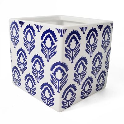 Keramik-Würfel-Pflanzgefäß mit Aufdruck, blauer Tulpen-Blumentopf
