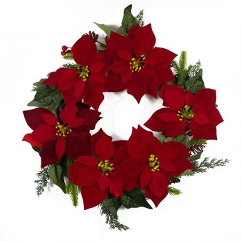 Couronne de Noël Poinsettia Feuillage Fleuristerie 60cm 24" Luxe 1