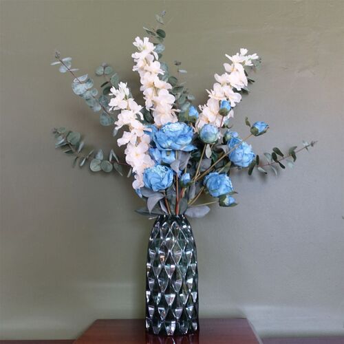 Leaf 80cm Blue Peony White Delphinium Eucalyptus Glass Vase