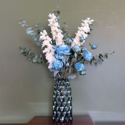 Blatt 80 cm blaue Pfingstrose, weiße Delphinium-Eukalyptus-Glasvase