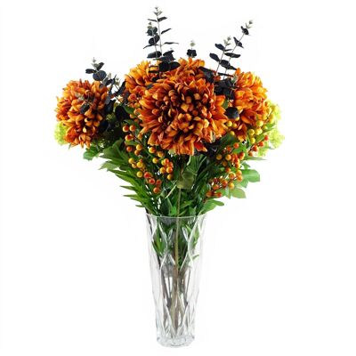 Leaf 80 cm Feuillage de chrysanthème orange et vase en verre