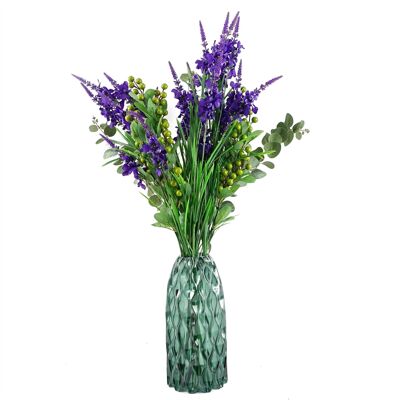 80 cm große, violette Glasvase mit Rittersporn und Beeren