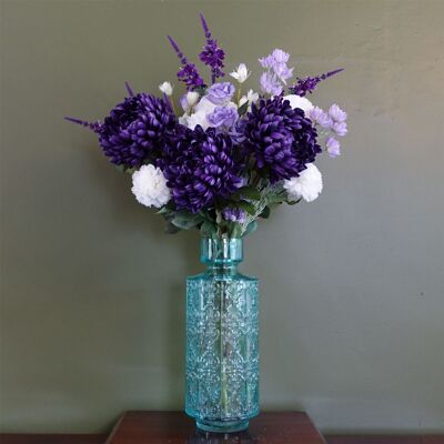 Vaso in vetro con disposizione di crisantemi viola a foglia da 80 cm