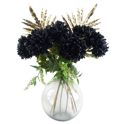 Vase boule en verre avec chrysanthème noir, 95cm, feuille