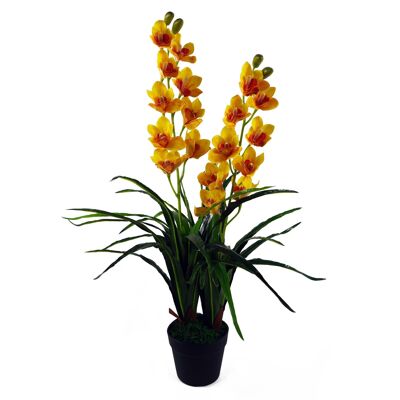 Künstliche gelbe Orchideenpflanze, dunkelrosa Blüten, 90 cm.