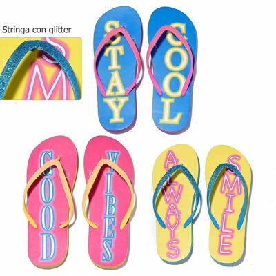 Women's flip flops with 14zero3 Neon Beach print and glitter string