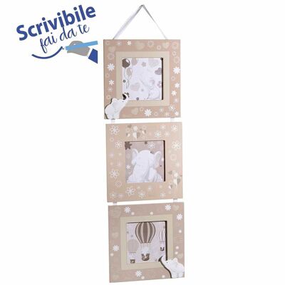 Cadres photo triples en bois avec décoration éléphant à suspendre