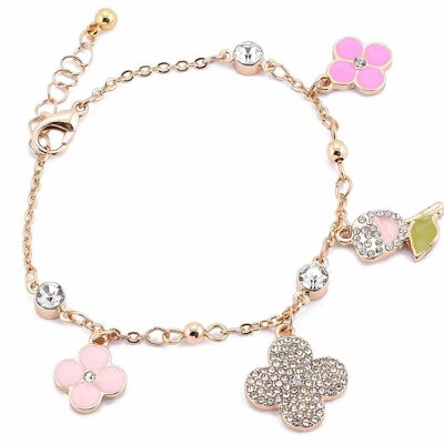 Flower design metal bracelets with rhinestones signed 14zero3 in a display of 15 test pieces