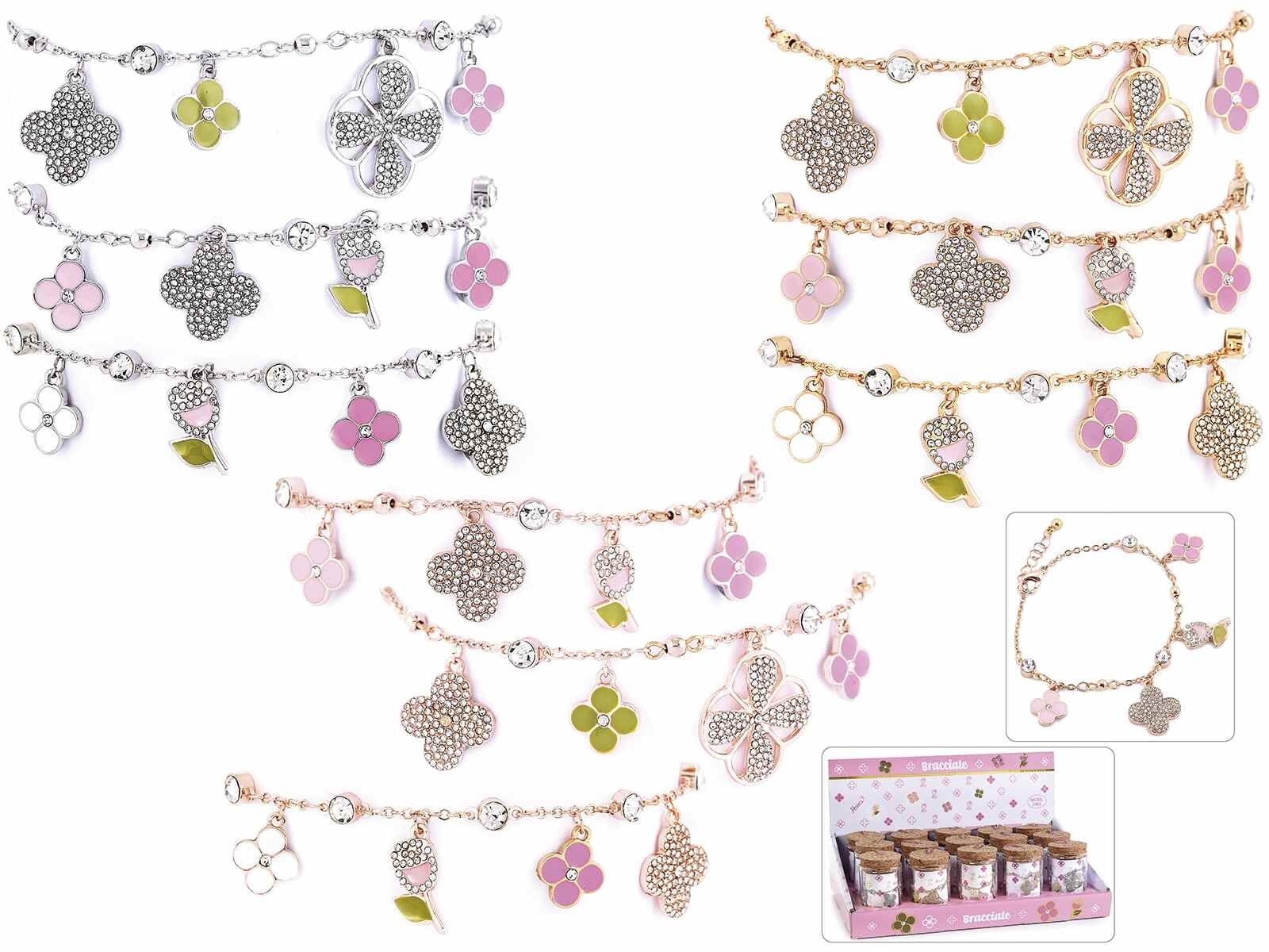 Braccialetti in metallo design fiori con strass firmato 14zero3 in espositore da 15 pezzi a provetta