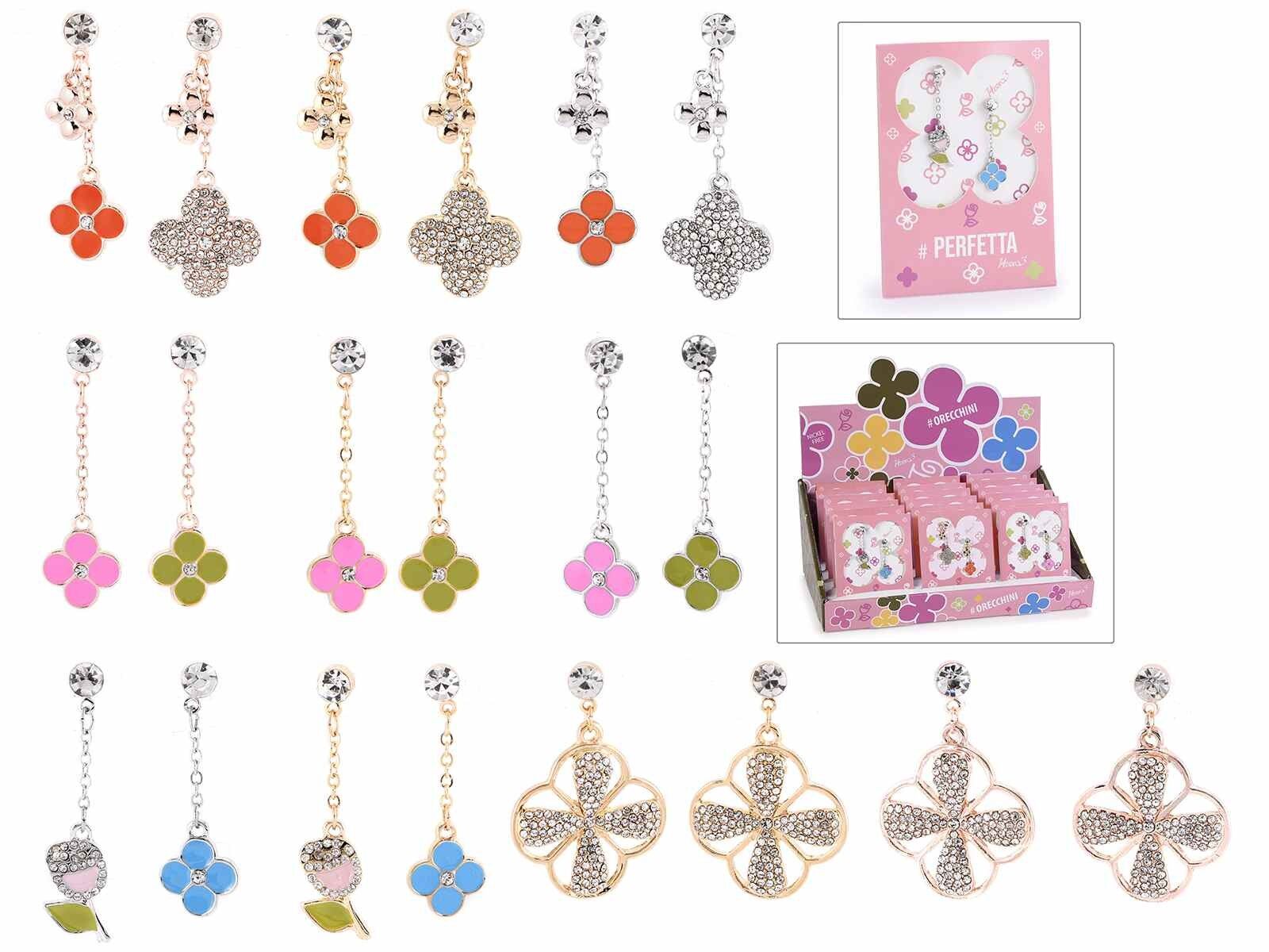 Earrings in test tube gift box with floral design rhinestones ''La Vie est Belle'' in display of 15 pieces