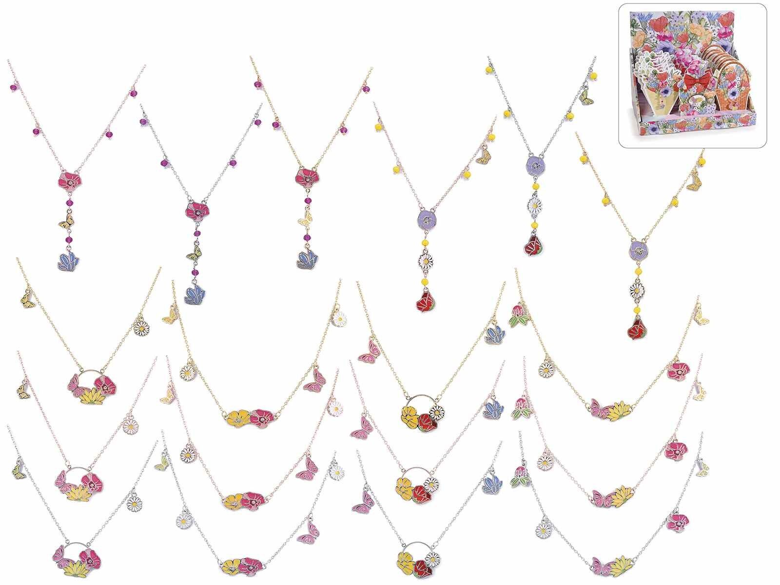 Necklace with floral pendants inside a ''Water Color'' bouquet in a display of 18 pieces