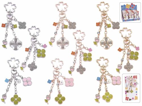 Porta chiavi / charm floreali con strass e pendenti design "La vie est belle" in espositore da 18 pezzi