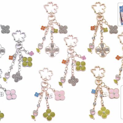 Key holder / floral charm with rhinestones and pendants "La vie est belle" design in display of 18 pieces