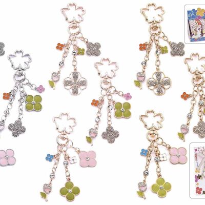 Porta chiavi / charm floreali con strass e pendenti design "La vie est belle" in espositore da 18 pezzi