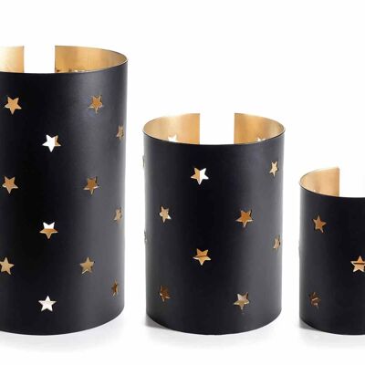 Set of 3 metal candle holders with carved stars and gold interior