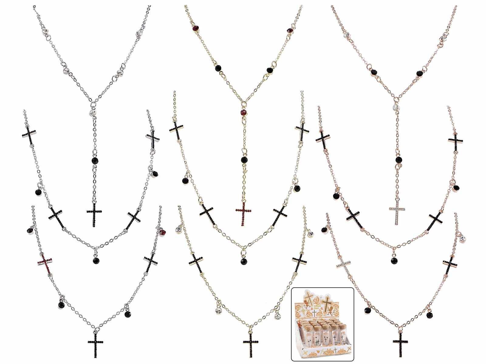 Gargantillas con colgante de cruz y pedrería en tubo de ensayo de vidrio en expositor 14zero3