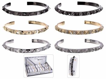 Bracelets rigides dorés, argentés et noirs avec clous et strass en présentoir design 14zero3