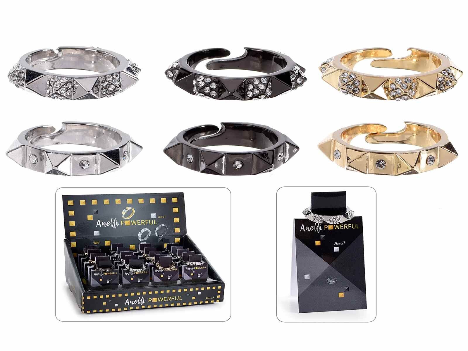 Anelli regolabili con borchie e strass in card ed espositore da 20 pezzi