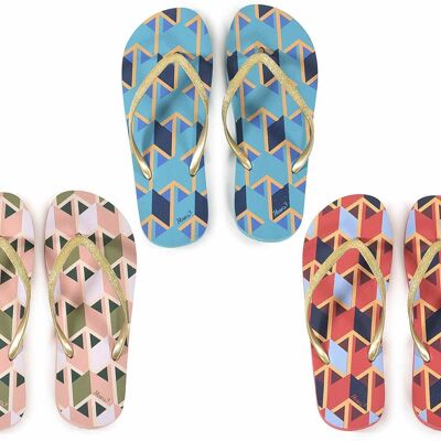 Elegant women's flip flops with geometric prints and glittery laces
