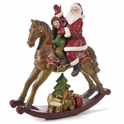 Cavallo a dondolo in resina con Babbo Natale, bambino e regali
