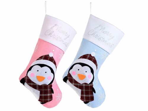 Calze natalizie porta dolci da appendere in stoffa con decoro pinguino design 14zero3