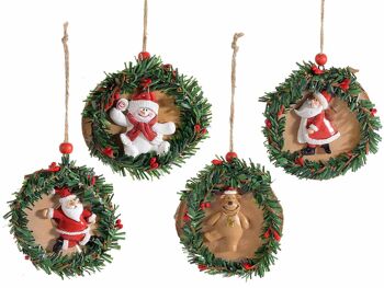 Couronnes de Noël en bois à suspendre avec résine Père Noël, renne et bonhomme de neige