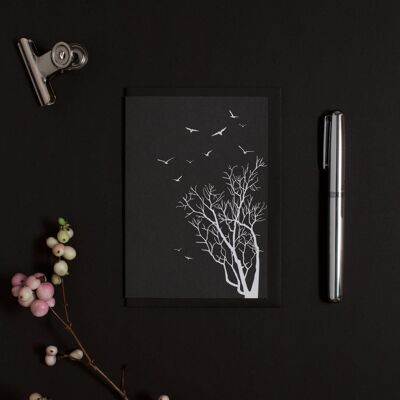 Moderne Trauerkarte ohne Text in schwarz mit kahlem Baum und Vögeln, minimalistische Beileidskarte für stilvolle Anteilnahme und Danksagung