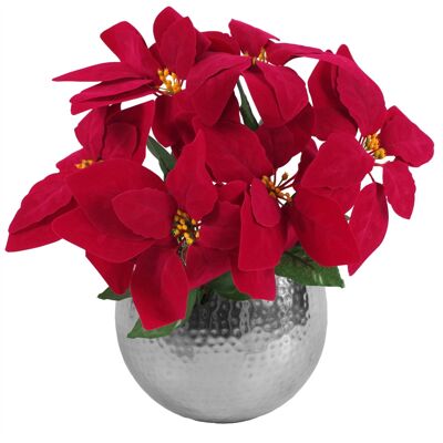 Fioriera in metallo argentato rosso natalizio artificiale Poinsettia da 40 cm