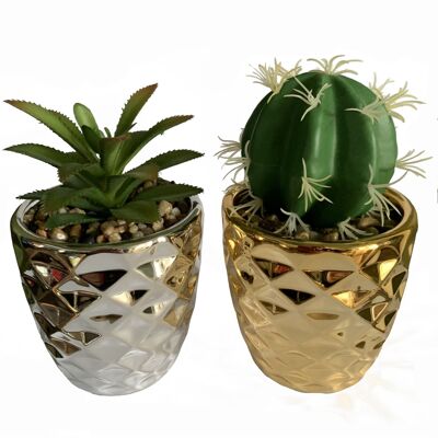 Silver Gold Ceramic Planters Artificial Cactus Dracaena 15cm Set 2